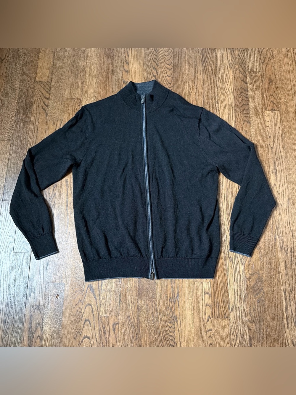 Raffi 100% Extra Fine Merino Wool Full Zip Sweater - Black - Size Large